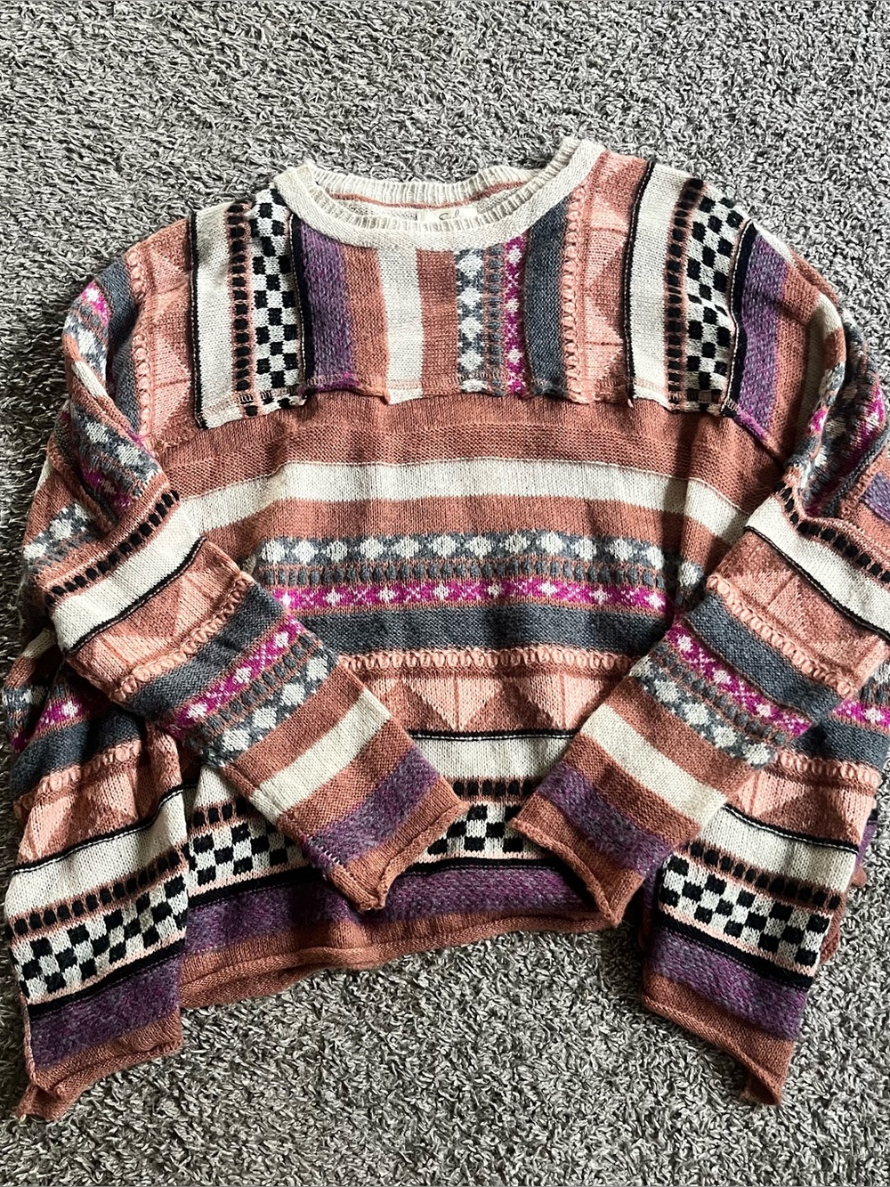 Easel Mixed Print Knit Sweater Boho Western Wool Earthy Indie Small Oversized